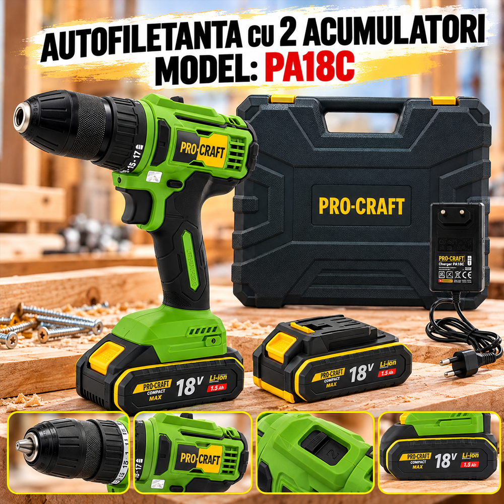 Autofiletantă compactă pe acumulator 18V 1,5Ah, 20 Nm, mandrină 10 mm, 2 acumulatori, PA18C [8]