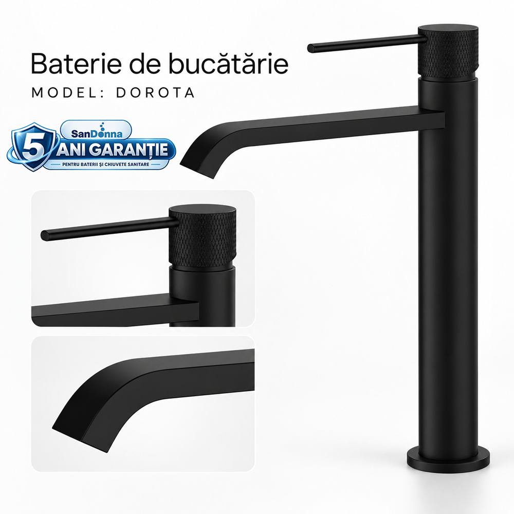 Chiuvete, Baterii Sanitare și Accesorii - Baterie de baie cu pipă înaltă, corp din alamă, negru total, cartuș ceramic, DOROTA (5 ANI GARANȚIE)