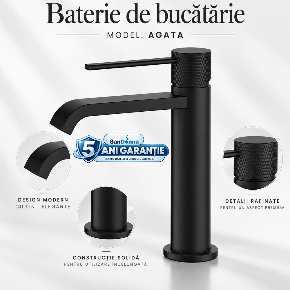 Chiuvete, Baterii Sanitare și Accesorii - Baterie de baie din alamă, negru total, mâner inox și cartuș ceramic, AGATA (5 ANI GARANȚIE)