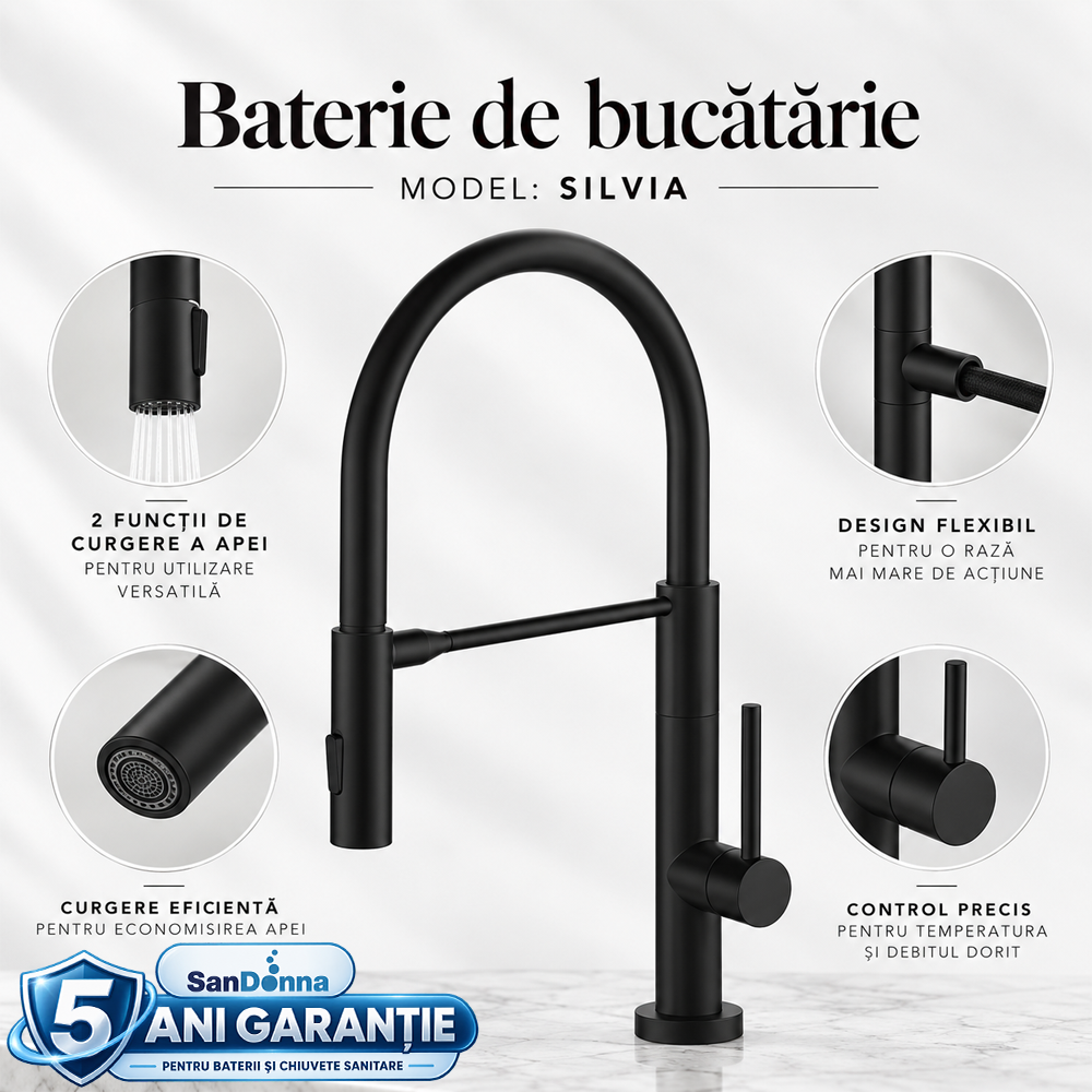 Chiuvete, Baterii Sanitare și Accesorii - Baterie de bucătărie flexibilă, negru mat, 2 funcții de curgere, suport magnetic, alamă, SILVIA (5 ANI GARANȚIE)