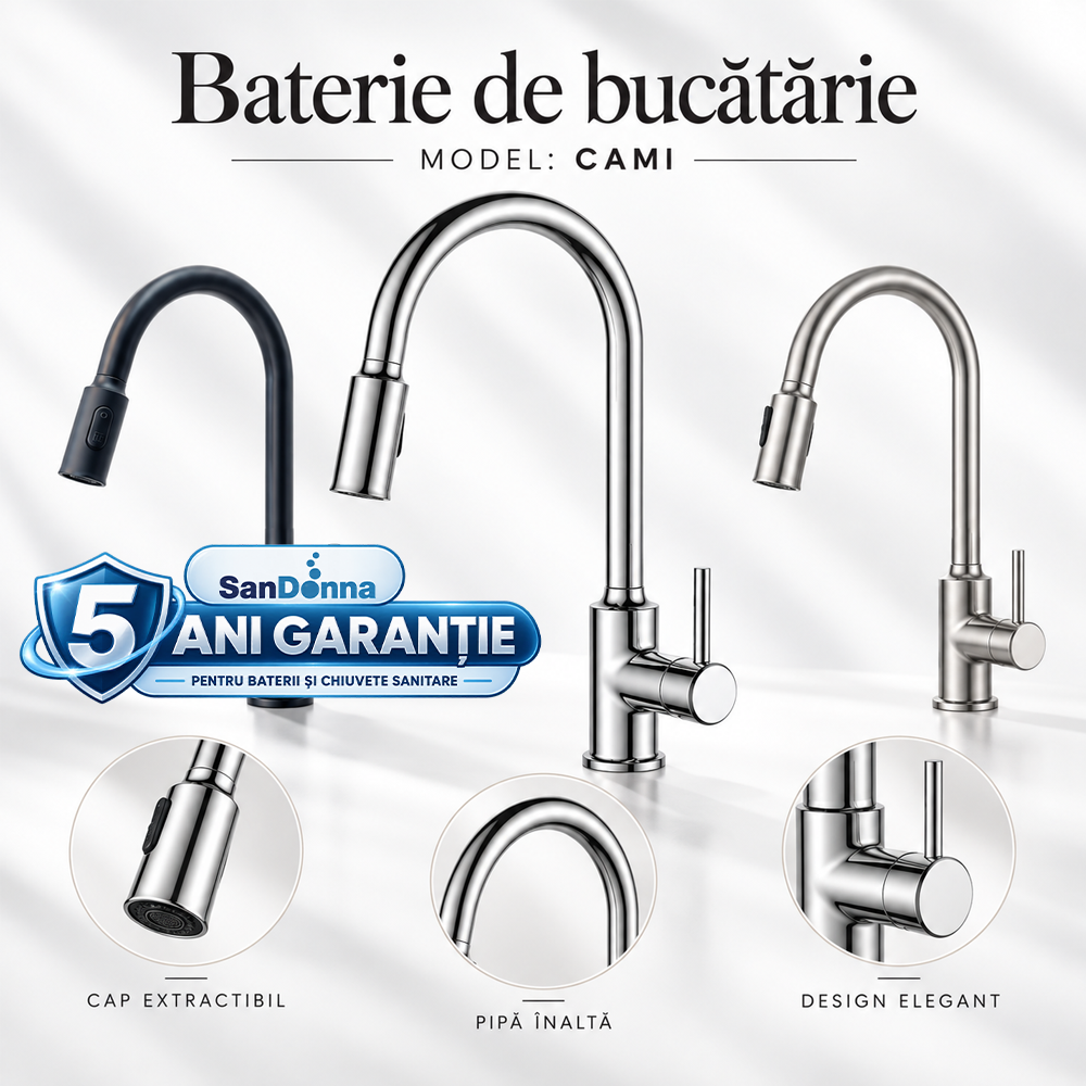 Chiuvete, Baterii Sanitare și Accesorii - Baterie de bucătărie din alamă, cu duș extractabil, 2 funcții de curgere și extensie 40 cm, CAMI (5 ANI GARANȚIE)