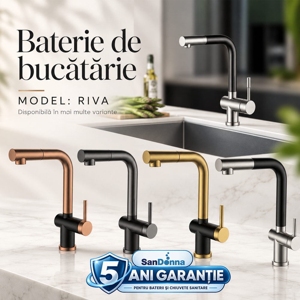 Chiuvete, Baterii Sanitare și Accesorii - Baterie de bucătărie din alamă cu duș extractabil și sistem cu contragreutate, RIVA (5 ANI GARANȚIE)