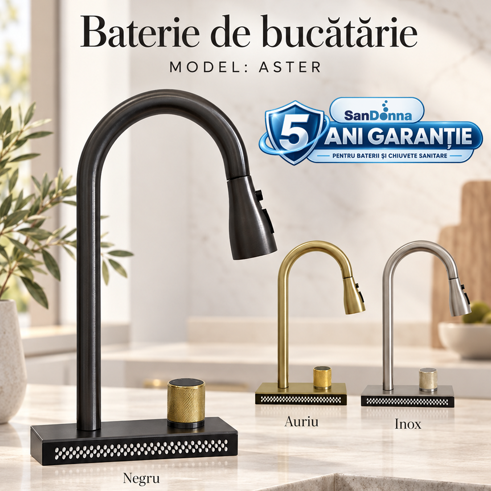 Chiuvete, Baterii Sanitare și Accesorii - Baterie de bucătărie din oțel inoxidabil, duș extractabil, 3 moduri de curgere și funcție cascadă, ASTER (5 ANI GARANȚIE)