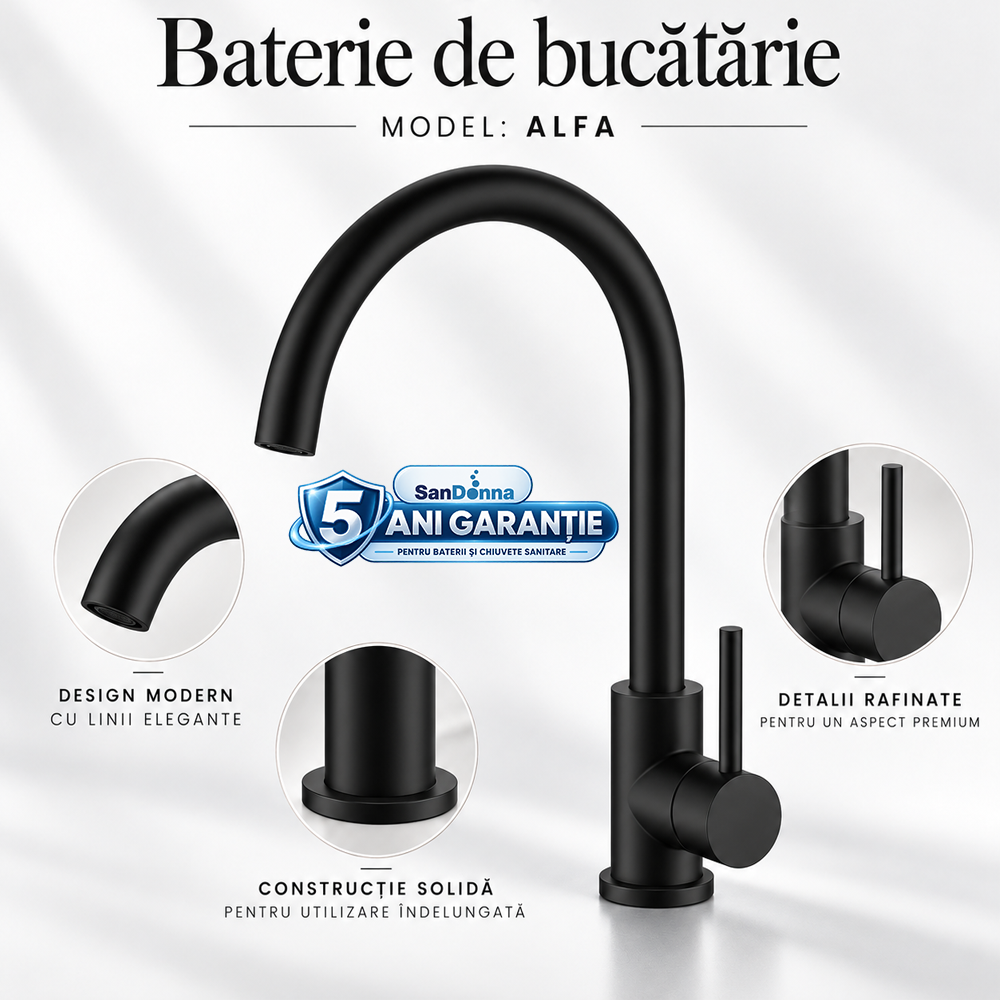 Chiuvete, Baterii Sanitare și Accesorii - Baterie de bucătărie din oțel inoxidabil, monocomandă, pipă înaltă, aerator integrat, ALFA (5 ANI GARANȚIE)