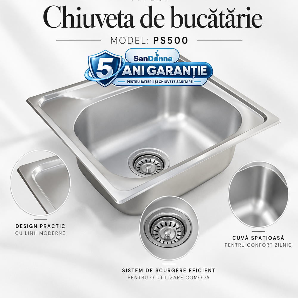 Chiuvete, Baterii Sanitare și Accesorii - Chiuvetă de bucătărie pătrată din inox AISI 304, 50 x 50 x 17 cm, finisaj lucios, PS500 (5 ANI GARANȚIE)