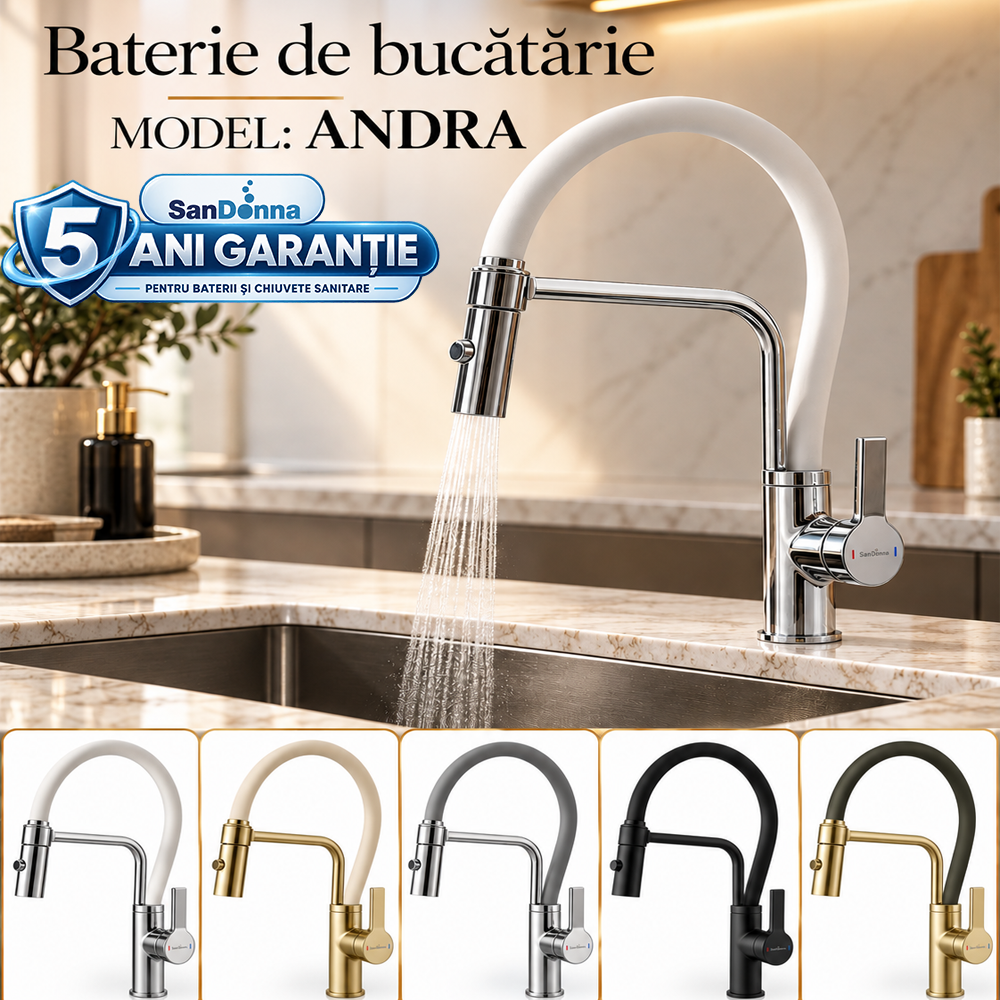 Chiuvete, Baterii Sanitare și Accesorii - Baterie de bucătărie flexibilă, duș extractabil, 2 funcții de curgere, extensie 50 cm, inox, ANDRA (5 ANI GARANȚIE)
