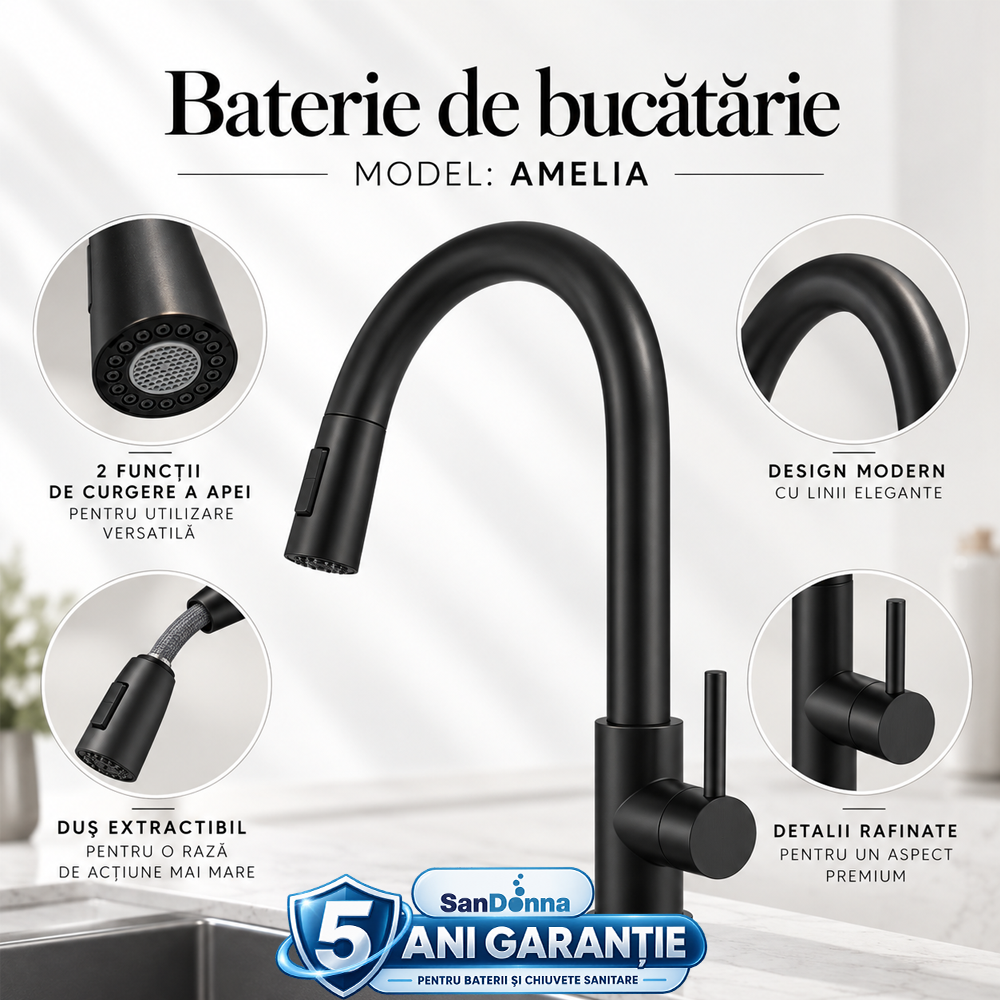 Chiuvete, Baterii Sanitare și Accesorii - Baterie de bucătărie neagră cu duș extractabil și 2 funcții de curgere, AMELIA (5 ANI GARANȚIE)
