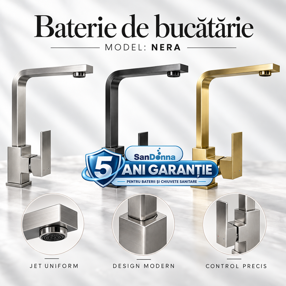 Chiuvete, Baterii Sanitare și Accesorii - Baterie de bucătărie monocomandă din alamă, corp pătrat, montaj cu un singur orificiu, NERA (5 ANI GARANȚIE)