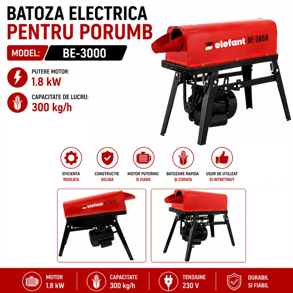 Batoză electrică pentru porumb 1,8 kW, 300 kg/h, 2880 rot/min, transmisie pe curea, BE-3000 [3]