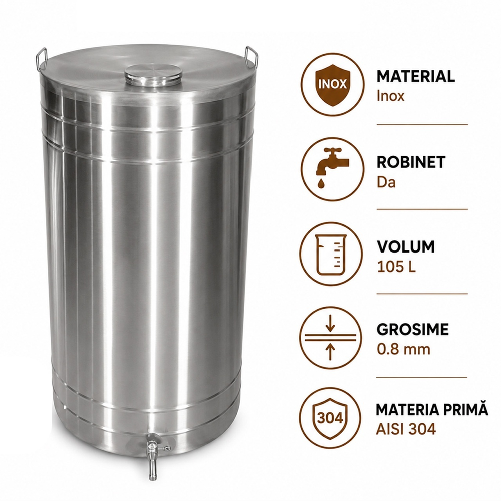 Butoaie și recipiente pentru vin - Butoi pentru vin din inox AISI 304, 105 L, robinet 1/2", capac cu filet