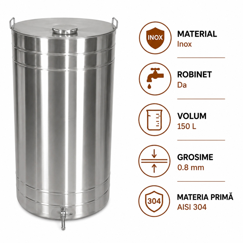 Casă și Gospodărie - Butoi pentru vin din inox AISI 304, 150 L, robinet 1/2", capac cu filet