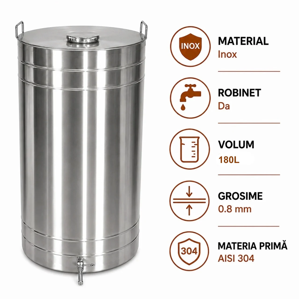 OFERTA ZILEI - Butoi pentru vin din inox AISI 304, 180 L, robinet 1/2", capac cu filet
