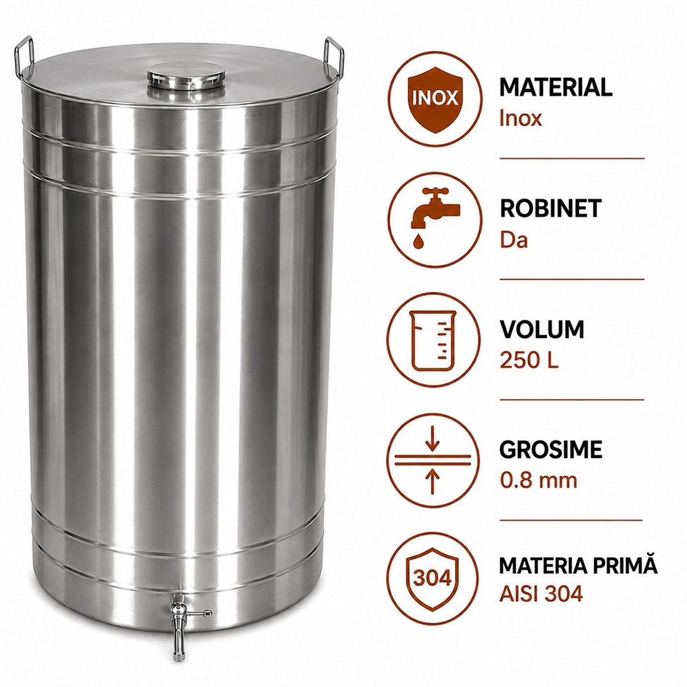 Casă și Gospodărie - Butoi pentru vin din inox AISI 304, 250 L, robinet 1/2", capac cu filet