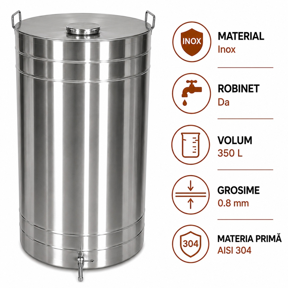 Butoaie și recipiente pentru vin - Butoi pentru vin din inox AISI 304, 350 L, robinet 1/2", capac cu filet