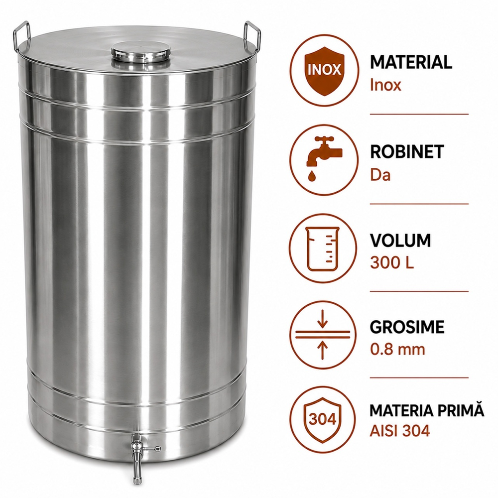 Butoaie și recipiente pentru vin - Butoi pentru vin din inox AISI 304, 300 L, robinet 1/2", capac cu filet