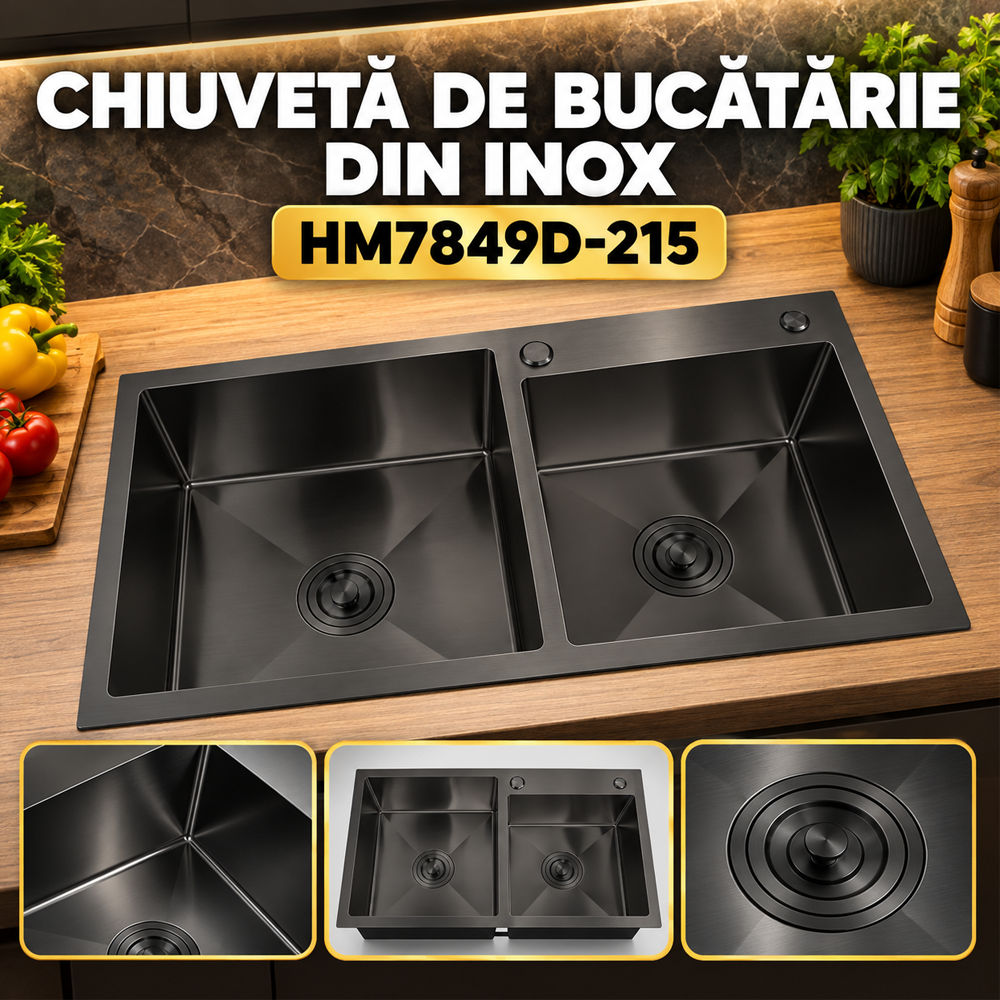 Chiuvetă de bucătărie din inox, 780 × 490 mm, cuvă 215 mm, neagră, HM7849D-215 [1]