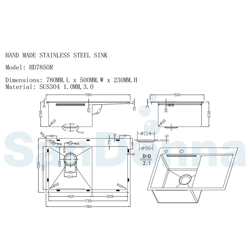 Chiuvetă de bucătărie din inox AISI 304, 780 x 500 x 230 mm, cu dozator, scurgător și sifon, HD7850 (5 ANI GARANȚIE) [2]