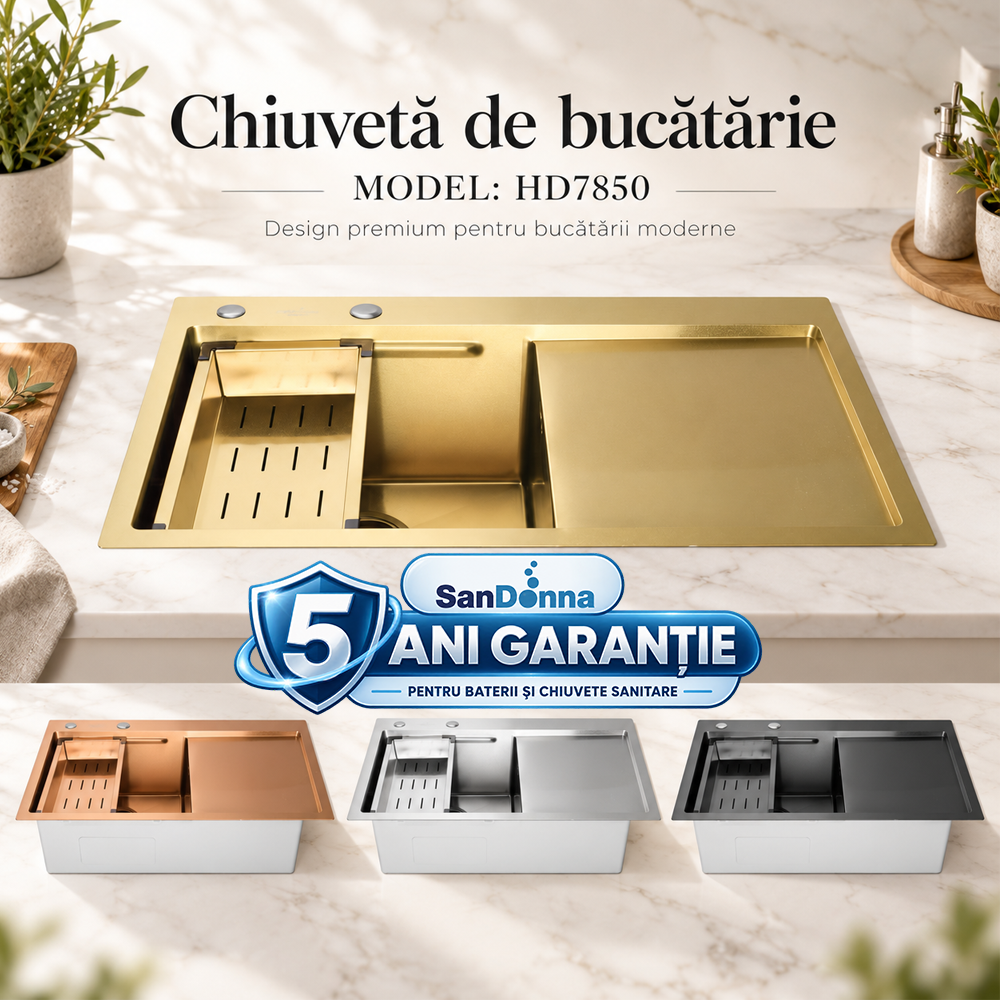 Chiuvete, Baterii Sanitare și Accesorii - Chiuvetă de bucătărie din inox AISI 304, 780 x 500 x 230 mm, cu dozator, scurgător și sifon, HD7850 (5 ANI GARANȚIE)