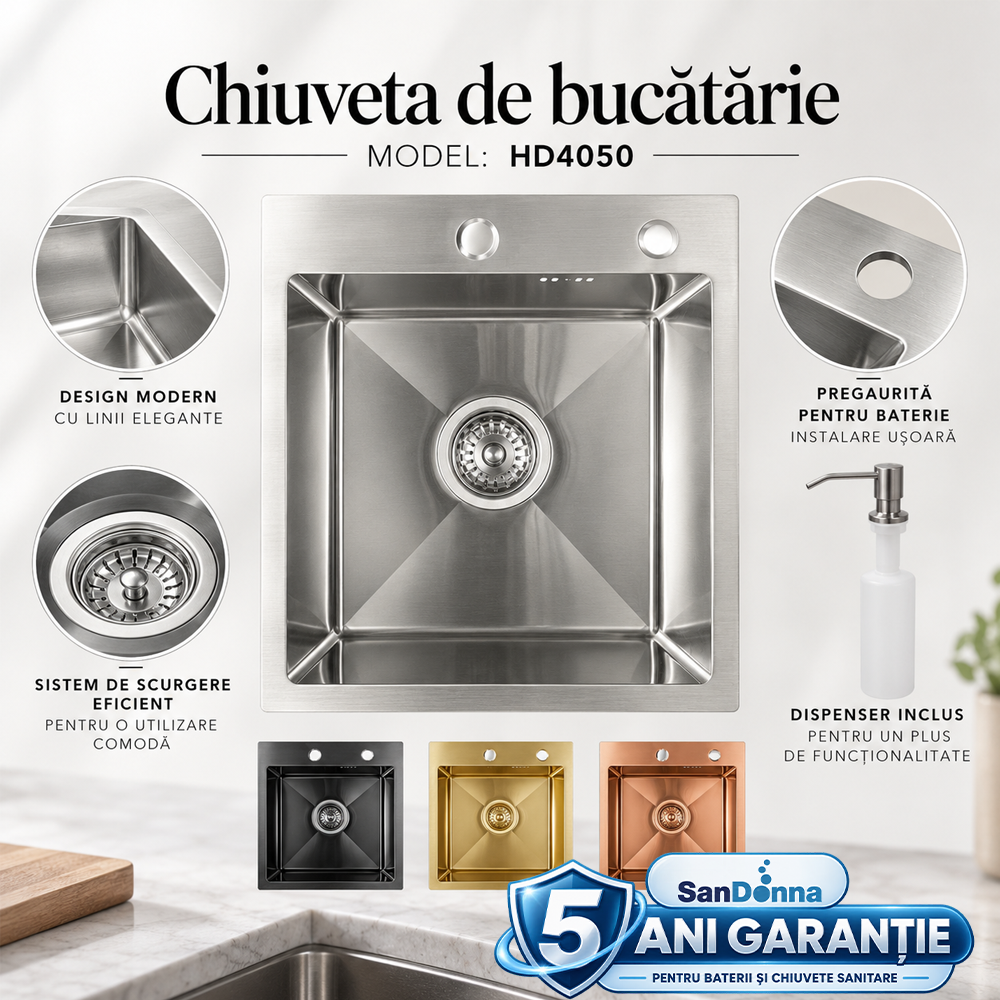 Chiuvete, Baterii Sanitare și Accesorii - Chiuvetă de bucătărie handmade din inox AISI 304, 400 x 500 x 230 mm, cu tăviță, dozator și grătar, HD4050 (5 ANI GARANȚIE)