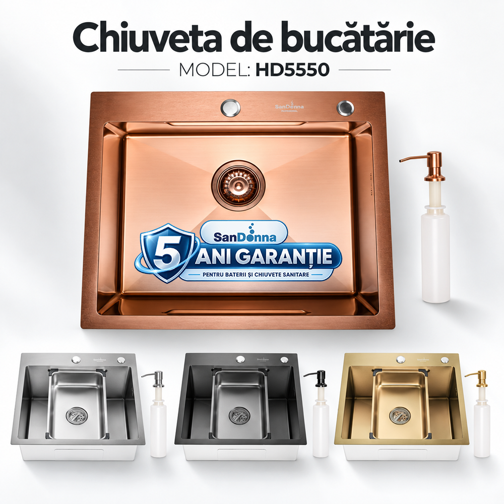 Chiuvete, Baterii Sanitare și Accesorii - Chiuvetă de bucătărie handmade din inox AISI 304, 550 x 500 x 230 mm, cu tăviță, dozator și sifon, HD5550 (5 ANI GARANȚIE)