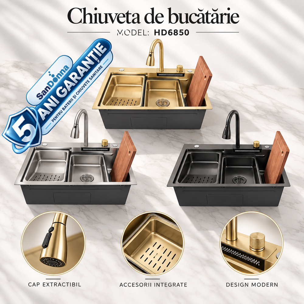 Chiuvete, Baterii Sanitare și Accesorii - Chiuvetă de bucătărie multifuncțională handmade din inox AISI 304, 680 x 500 mm, cu baterie și accesorii, HD6850 (5 ANI GARANȚIE)