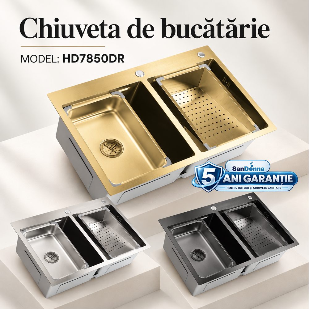 Chiuvete, Baterii Sanitare și Accesorii - Chiuvetă de bucătărie handmade din inox AISI 304, 780 x 500 x 230 mm, 2 cuve, tăvițe, dispenser și sifon, HD7850DR (5 ANI GARANȚIE)