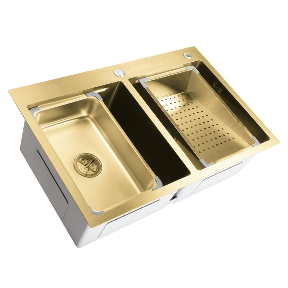 Chiuvetă de bucătărie handmade din inox AISI 304, 780 x 500 x 230 mm, 2 cuve, tăvițe, dispenser și sifon, HD7850DR (5 ANI GARANȚIE) [1]