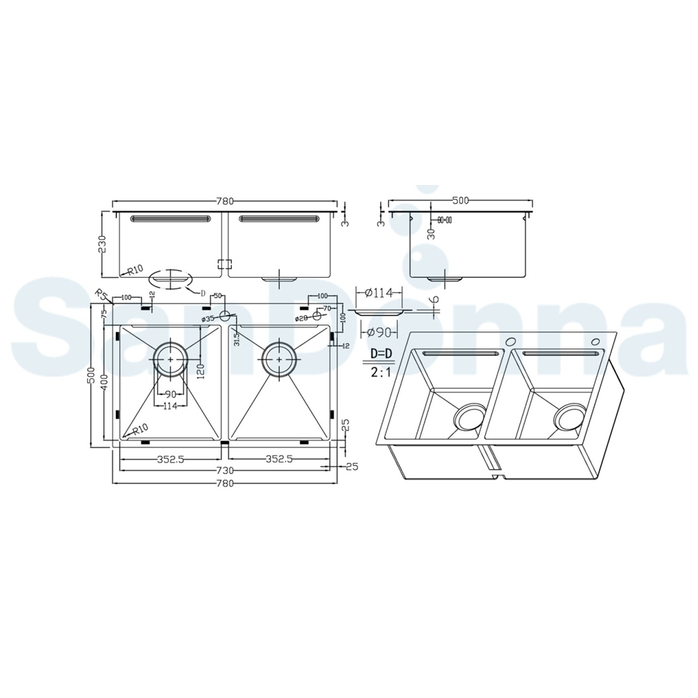 Chiuvetă de bucătărie handmade din inox AISI 304, 780 x 500 x 230 mm, 2 cuve, tăvițe, dispenser și sifon, HD7850DR (5 ANI GARANȚIE) [4]