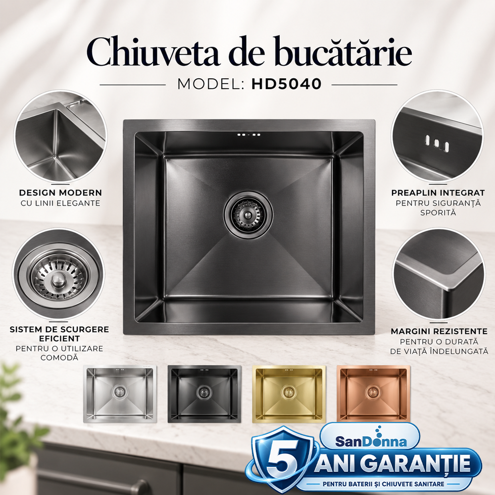Chiuvete, Baterii Sanitare și Accesorii - Chiuvetă de bucătărie handmade din inox AISI 304, sub blat, 500 x 400 mm, cu tăviță și grătar de protecție, HD5040 (5 ANI GARANȚIE)