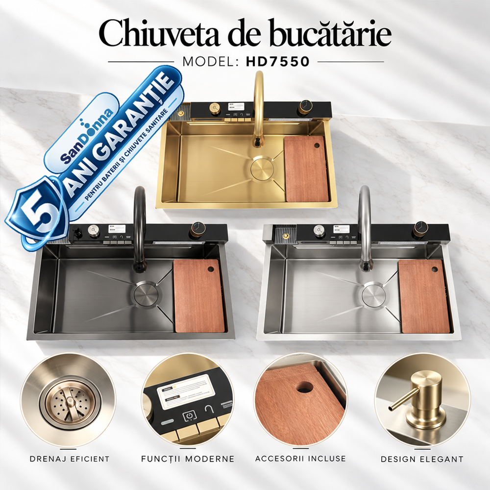 Chiuvete, Baterii Sanitare și Accesorii - Chiuvetă de bucătărie handmade din inox AISI 304, sub blat, 500 x 400 mm, cu tăviță și grătar de protecție, HD7550 (5 ANI GARANȚIE)