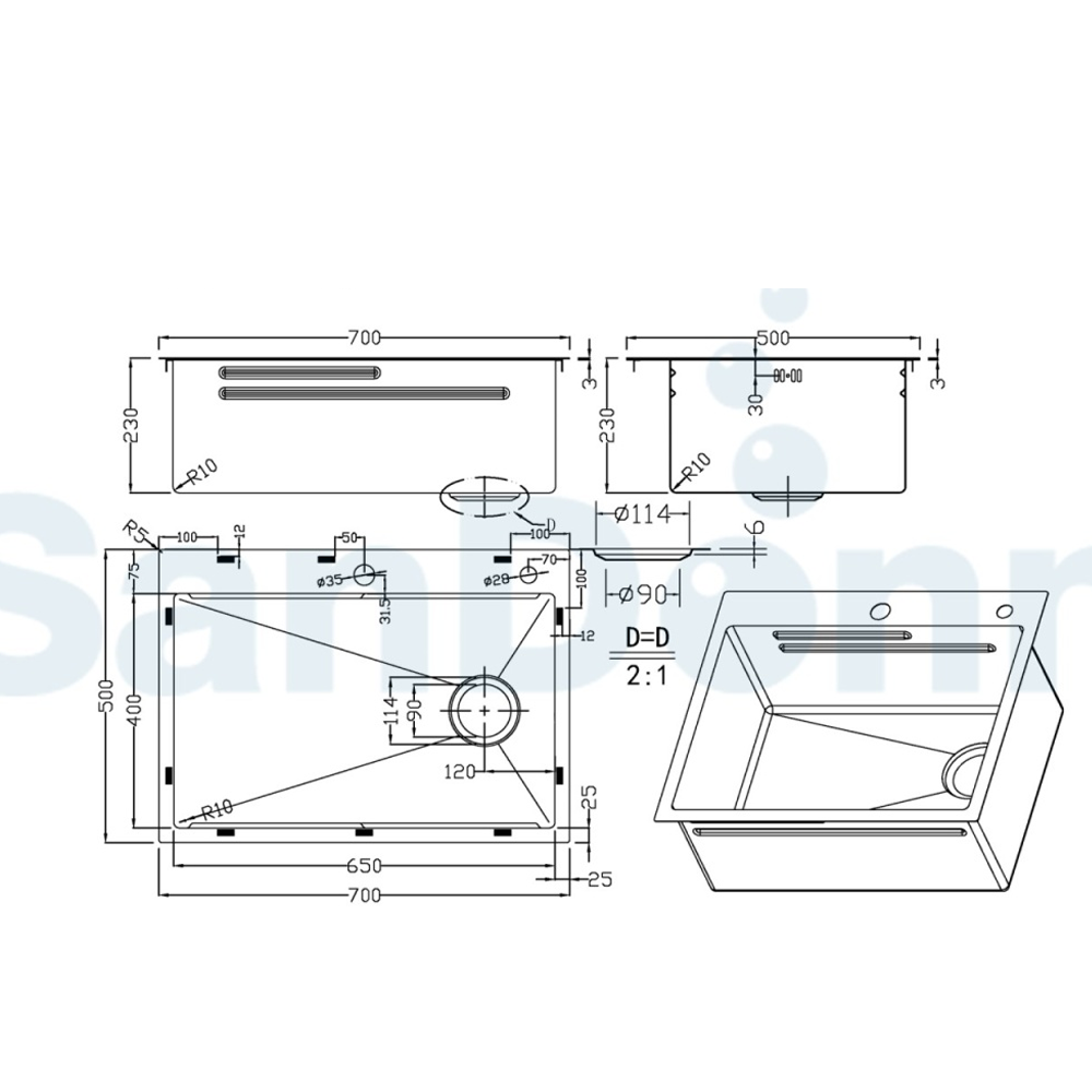 Chiuvetă de bucătărie handmade din inox AISI 304, 700 x 500 x 230 mm, cu tăviță, tocător, dispenser și grătar, HD7050 (5 ANI GARANȚIE) [3]