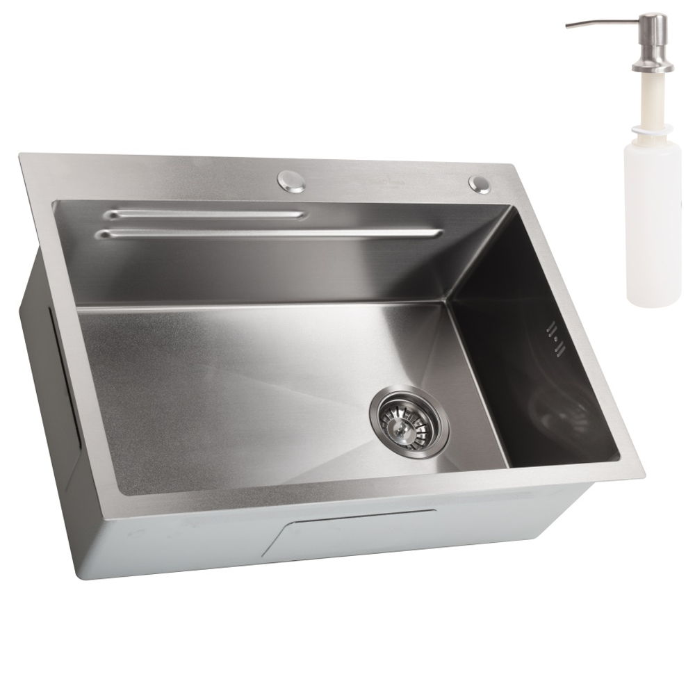 Chiuvetă de bucătărie handmade din inox AISI 304, 700 x 500 x 230 mm, cu tăviță, tocător, dispenser și grătar, HD7050 (5 ANI GARANȚIE) [2]