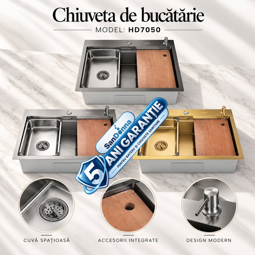Chiuvete, Baterii Sanitare și Accesorii - Chiuvetă de bucătărie handmade din inox AISI 304, 700 x 500 x 230 mm, cu tăviță, tocător, dispenser și grătar, HD7050 (5 ANI GARANȚIE)