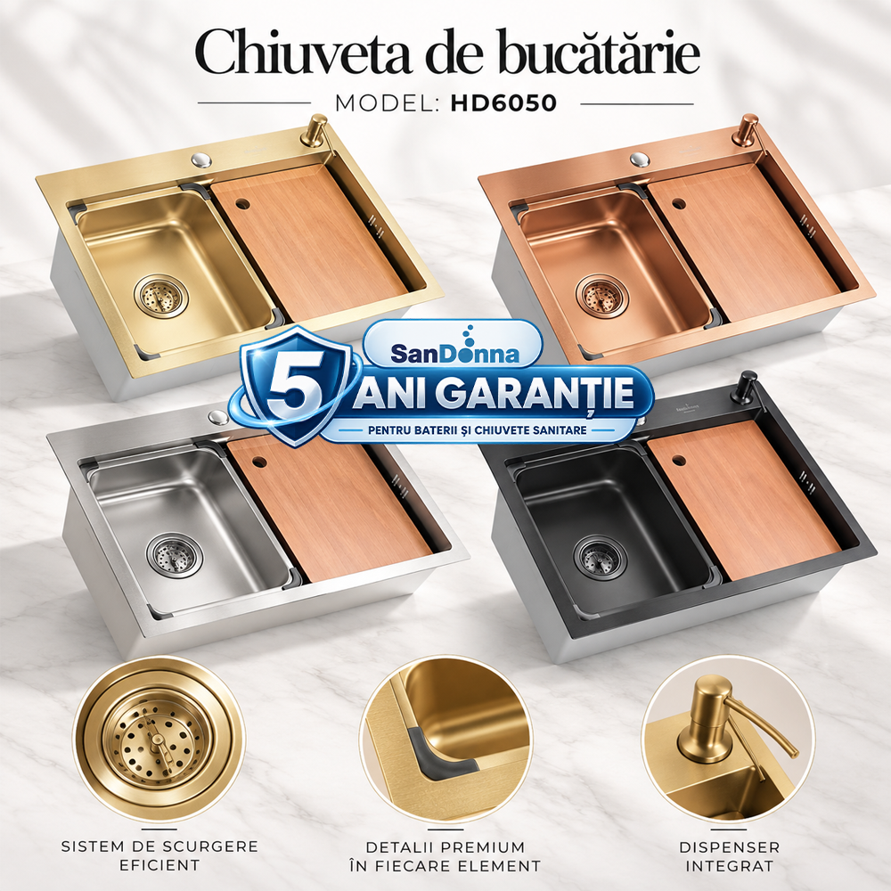 Chiuvete, Baterii Sanitare și Accesorii - Chiuvetă de bucătărie multifuncțională din inox, 600 x 500 x 230 mm, cu tăviță, tocător și dispenser, HD6050 (5 ANI GARANȚIE)
