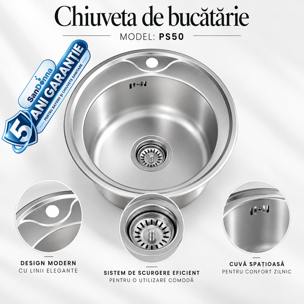 Chiuvete, Baterii Sanitare și Accesorii - Chiuvetă de bucătărie rotundă din inox AISI 304, 50 x 50 x 17 cm, finisaj satinat, PS50 (5 ANI GARANȚIE)