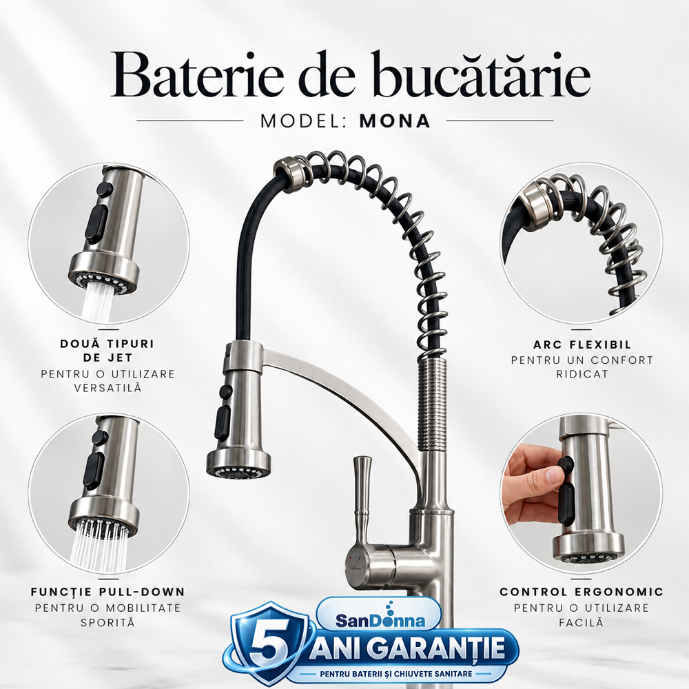 Chiuvete, Baterii Sanitare și Accesorii - Baterie de bucătărie cu duș flexibil cu arc, 2 funcții de curgere, extensie 60 cm, inox, MONA (5 ANI GARANȚIE)
