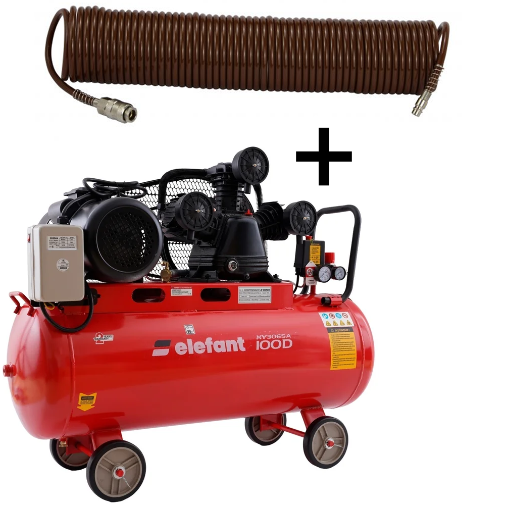 OFERTA ZILEI - SET: Compresor aer 100 L, 4 CP, 8 bar, debit 0,5 m³/min + Furtun pneumatic spiralat 15 m, 5 × 8 mm