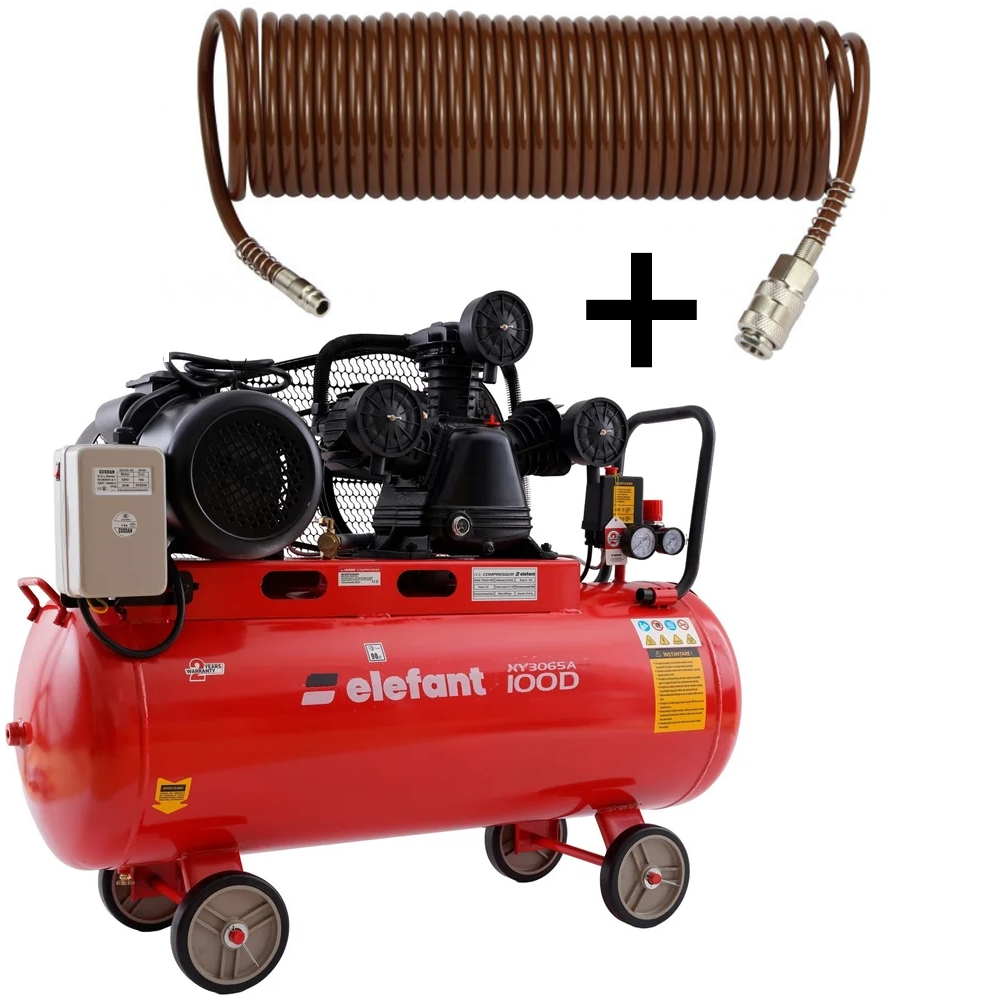 OFERTA ZILEI - SET: Compresor aer 100 L, 4 CP, 8 bar, debit 0,5 m³/min + Furtun pneumatic spiralat 10 m, 5 × 8 mm