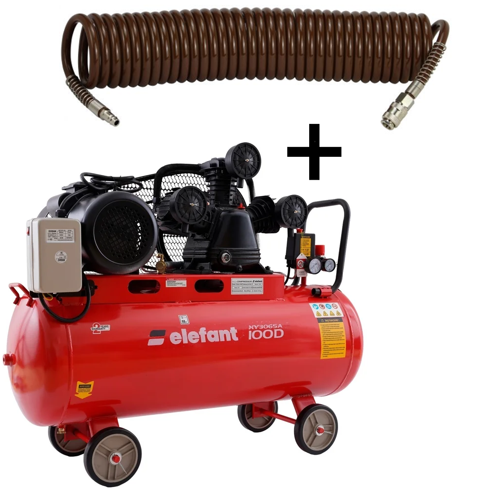 OFERTA ZILEI - SET: Compresor aer 100 L, 4 CP, 8 bar, debit 0,5 m³/min + Furtun pneumatic spiralat 10 m, 8 × 12 mm