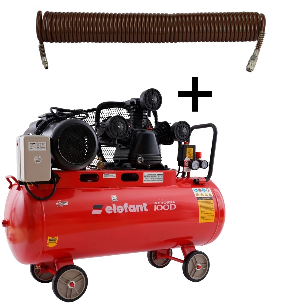 OFERTA ZILEI - SET: Compresor aer 100 L, 4 CP, 8 bar, debit 0,5 m³/min + Furtun pneumatic spiralat 15 m, 8 × 12 mm