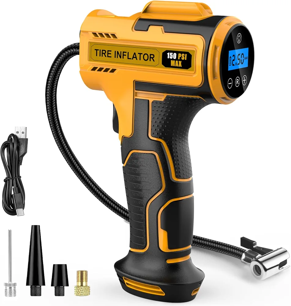 Compresoare si accesorii aer - Compresor Auto-Moto Portabil, cu acumulator, 150 PSI, Fără Fir, USB-C Mini Pompă Aer Digitală cu Auto Stop și LED