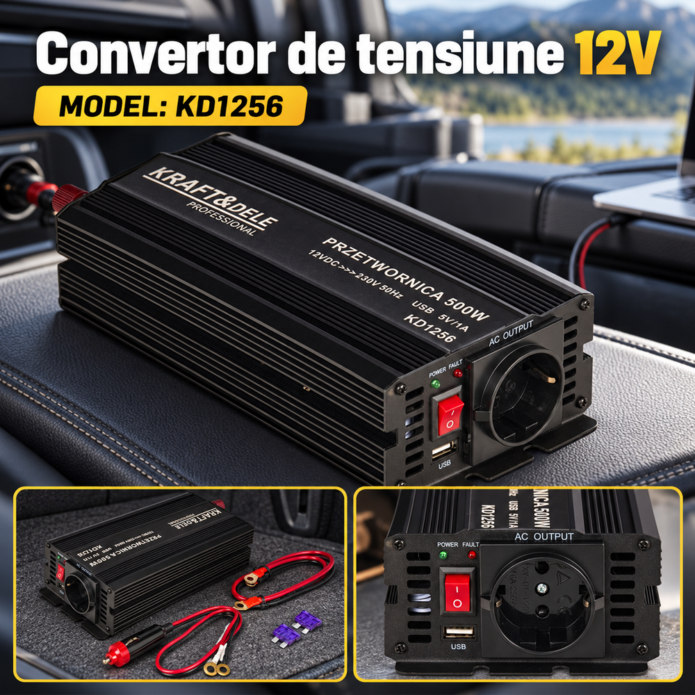 Convertor de tensiune 12V la 230V, 500 W continuu, 1000 W vârf, sinus pur, USB, KD1256 [4]