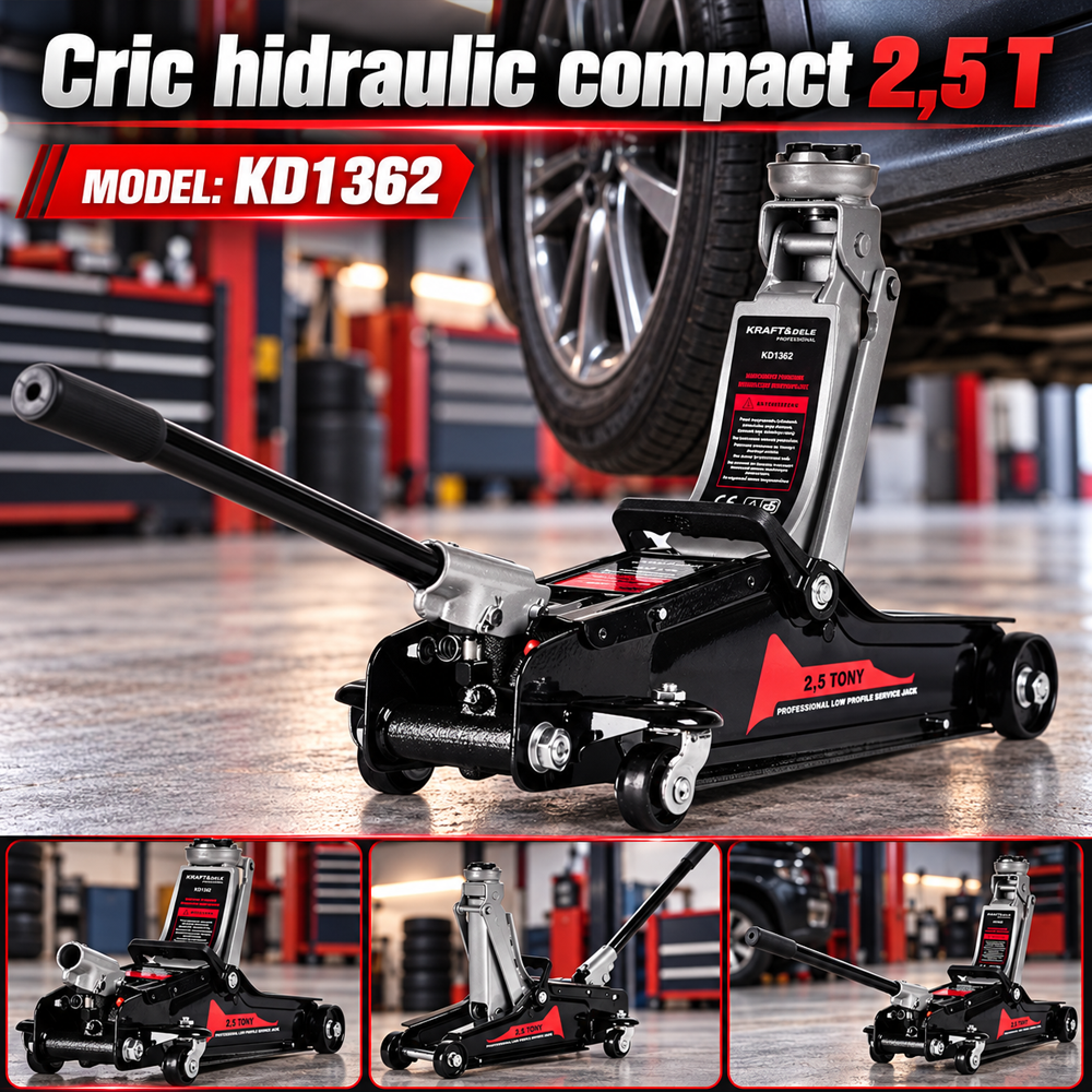 Cric hidraulic compact 2,5 t, profil redus, ridicare 90–340 mm, KD1362 [4]