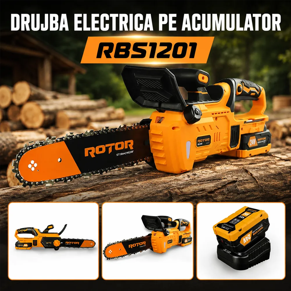 Drujbă pe acumulator 24V 3Ah, lamă 30 cm, 18 m/s, 6500 rpm, cu acumulator și încărcător, RBS1201 [4]