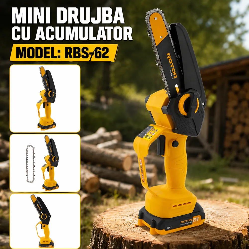 Mini drujbă pe acumulator 21V, 300W, lamă 15 cm / 6", 2 lanțuri incluse, RBS-62 [3]