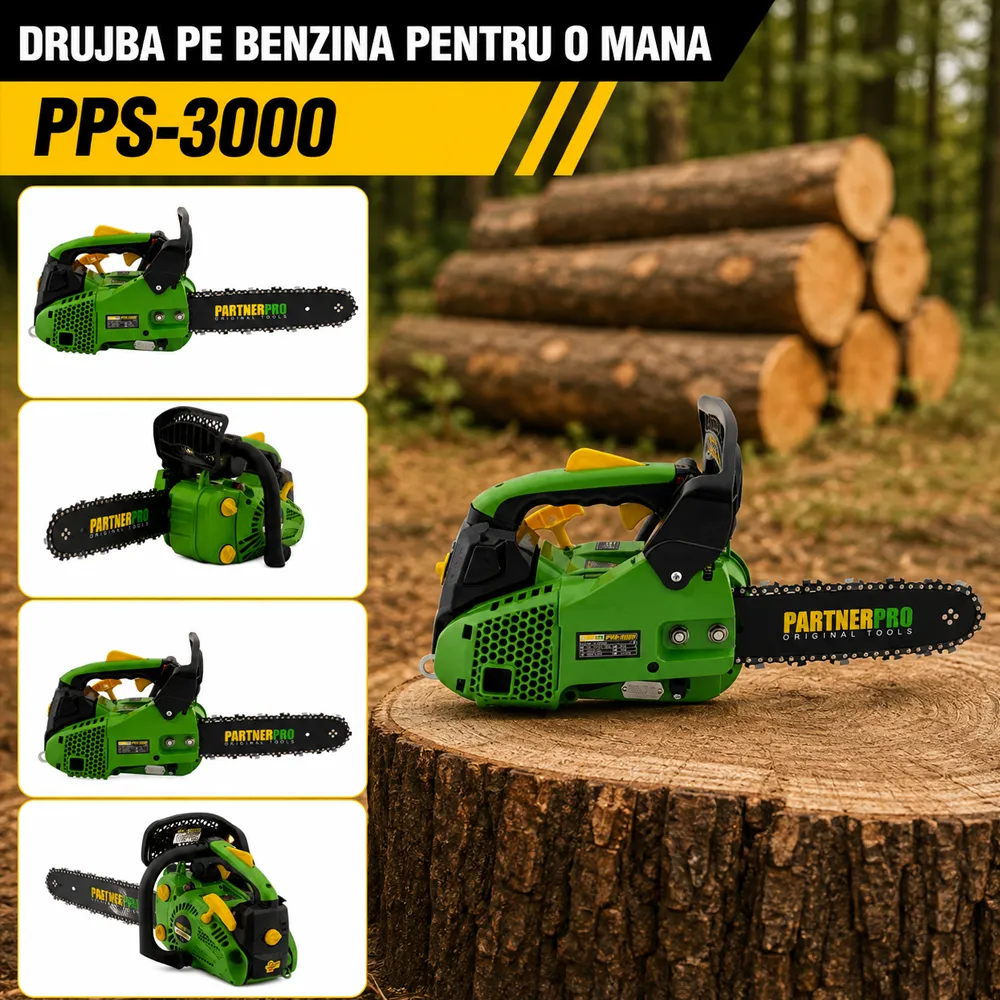 Drujbă pe benzină pentru o mână 1,5 CP, lamă 30 cm, 10500 rpm, lanț 3/8", 45 pinteni, PPS-3000 [4]