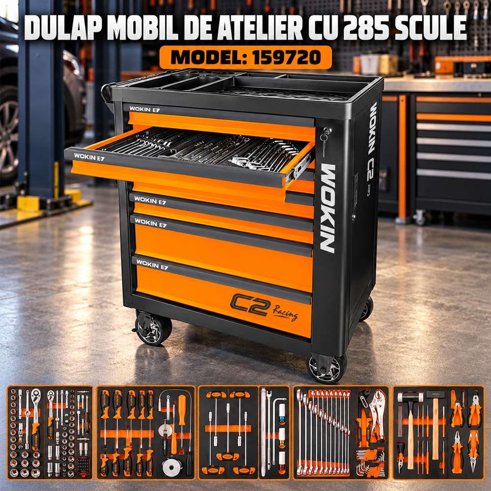 Dulap mobil de atelier cu 285 de scule, 7 sertare, role, set complet pentru mecanică și service, 159720 [6]