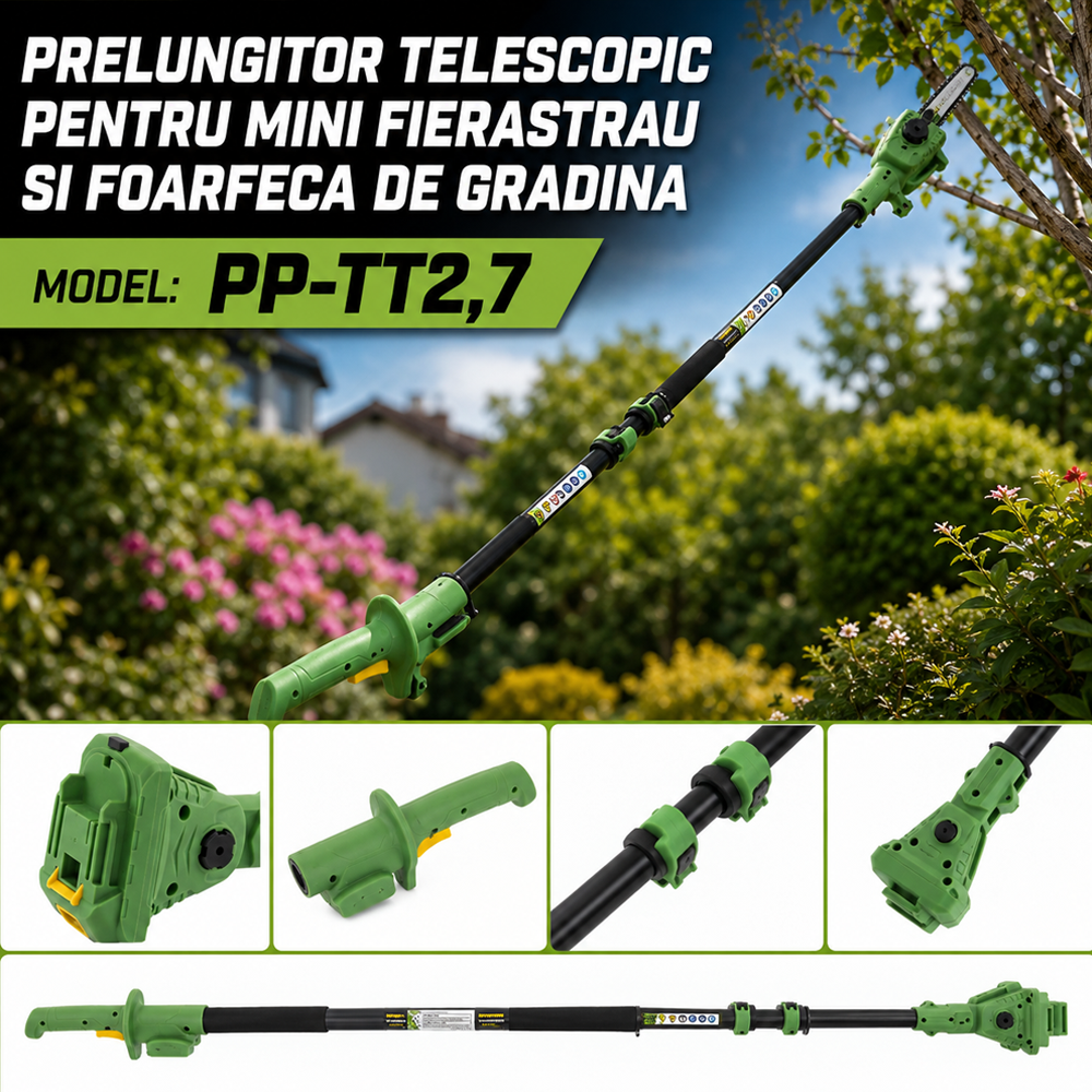 Extensie telescopică 1,7–2,7 m, unghi 180°, pentru mini fierăstrău și foarfecă pe acumulator, PP-TT2,7 [5]