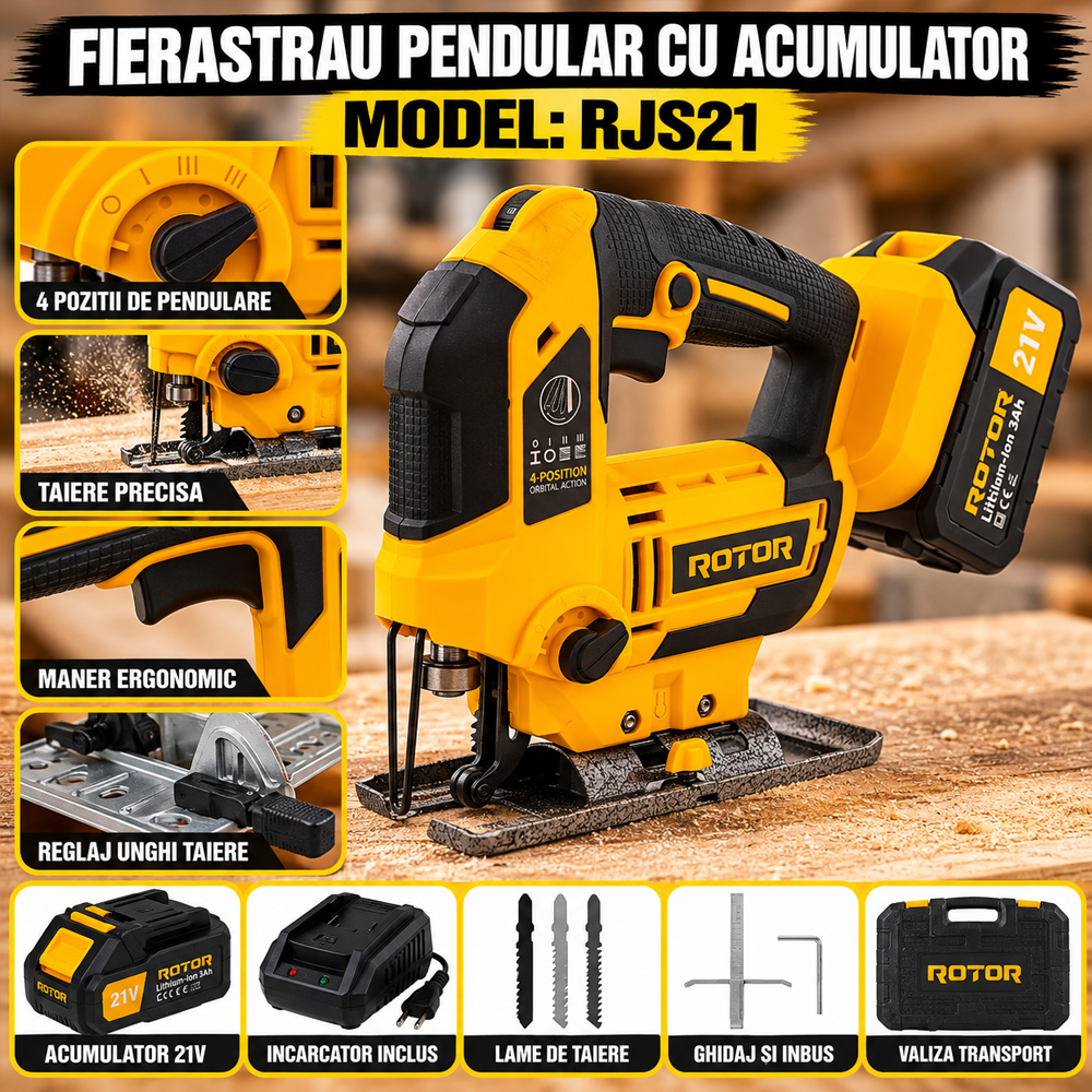Fierăstrău pendular pe acumulator 21V 3Ah, 750 W, 0–3000 rot/min, tăiere lemn 85 mm, RJS21 [4]