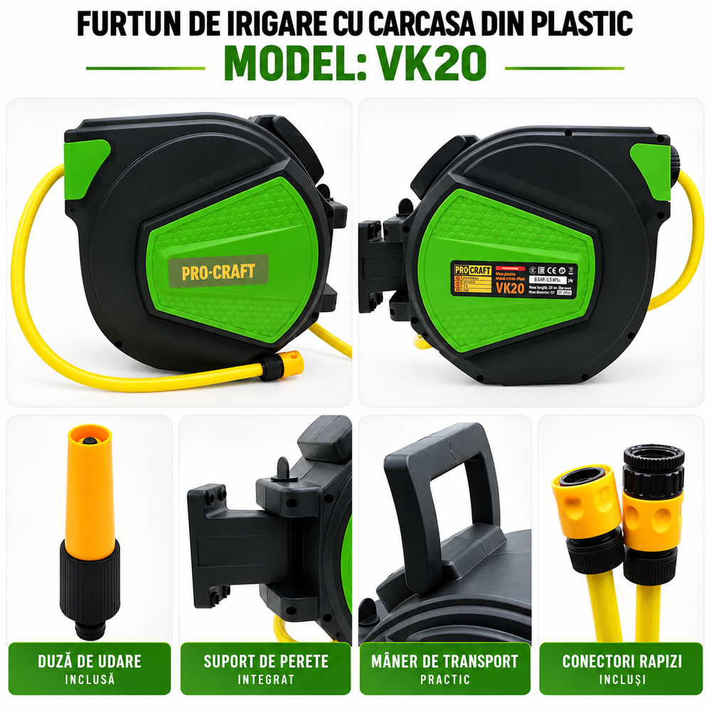 Furtun de irigare retractabil 20 m, 1/2", presiune maximă 8 bari, carcasă din plastic, VK20 [3]